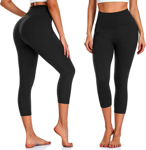 3 Pack Capri Leggings for Women with Pockets-High Waisted Tummy Control Workout Gym Yoga Pants Black